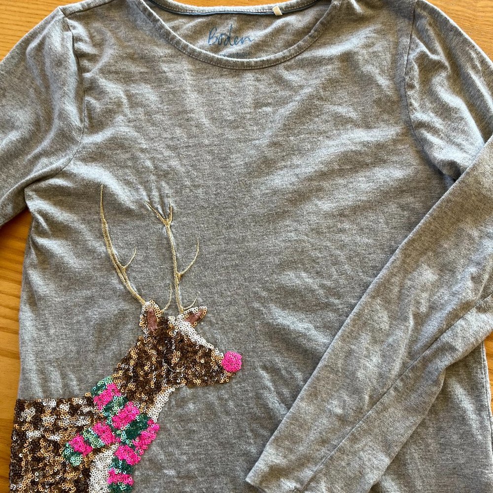Mini Boden Holiday Reindeer Girls Shirt